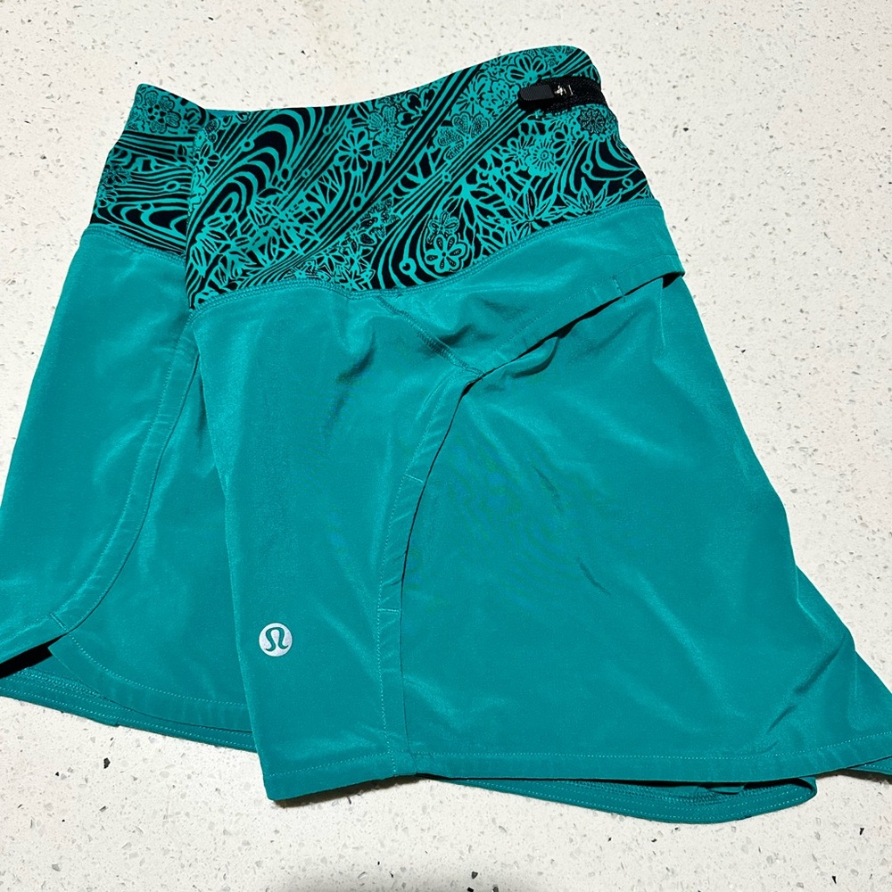 Lululemon Run Times Short II Blue Green Low Rise Lined Womens Size 10